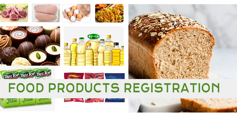 Showing multiple food products like meat, chicken, cooking oil, Chocolates, packaged snacks, juices & bread etc along with a highlighted text Food Products Registration
